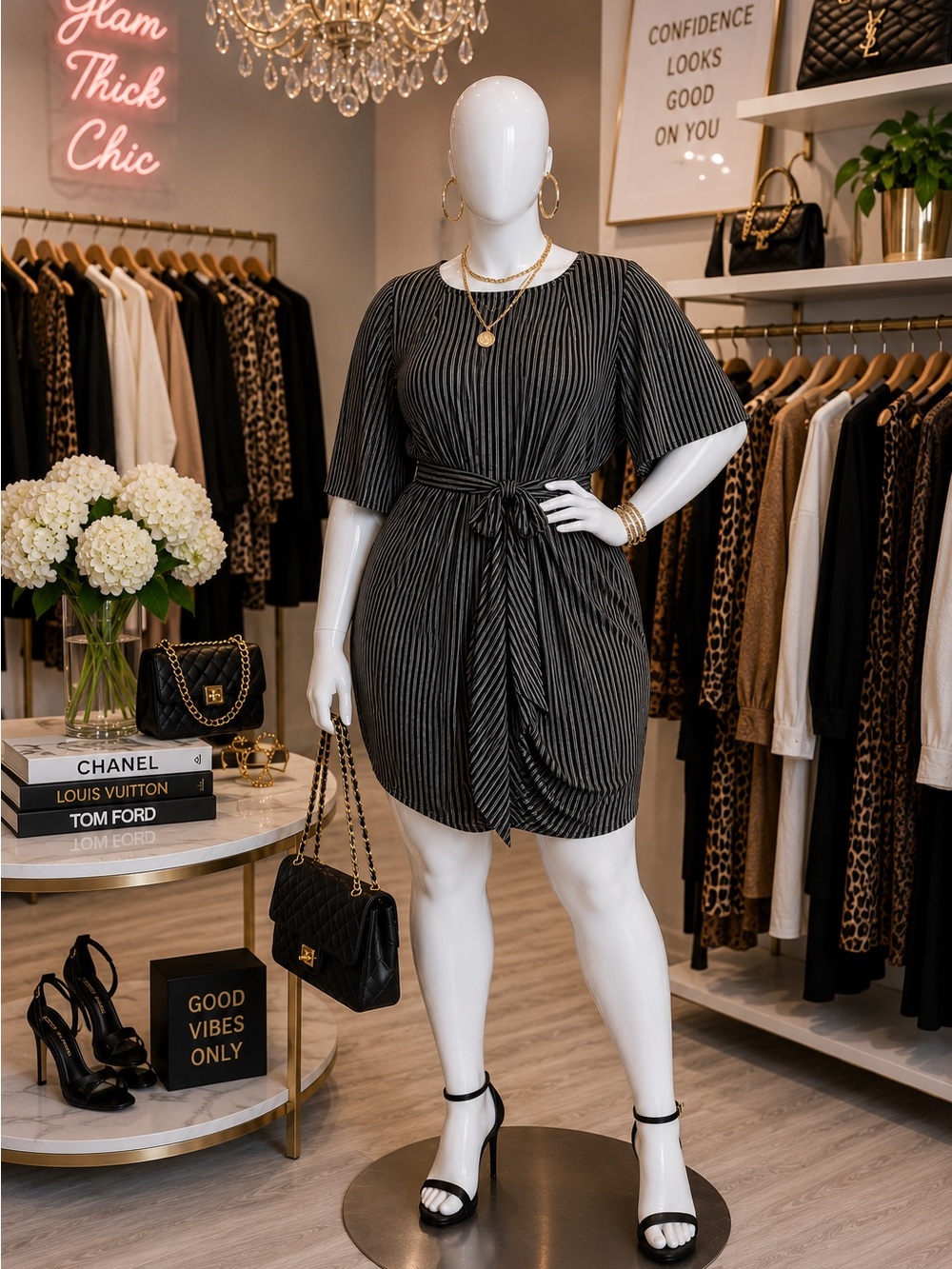 Chic Tie-Waist Black Pinstripe Dress